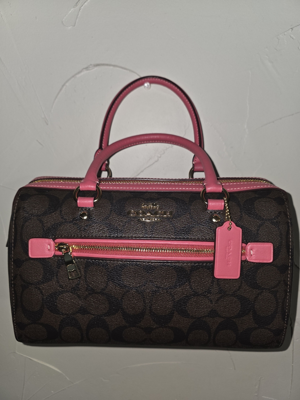 Coach Brown Rowan Signature Satchel with Pink Trim